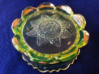 Vintage Vaseline Glass Star & Arches Candy Dish With Gold Trim Trinket Uranium 4