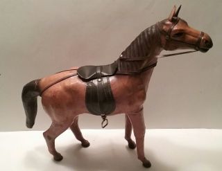 Vintage Leather Wrapped Horse Statue Figure With Saddle 13 " Tall Tan Glass Eyes