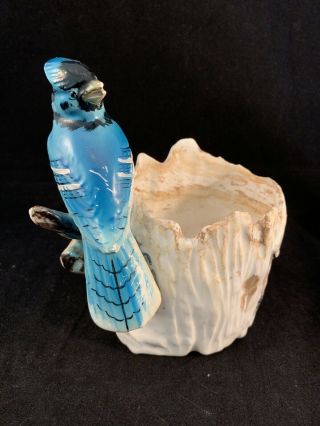 Vintage Ceramic Blue Jay Bird Birch Tree Planter