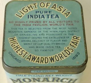 Antique Monarch Light Of Asia India Tea Advertising Tin 1893 Chicago Worlds Fair 2