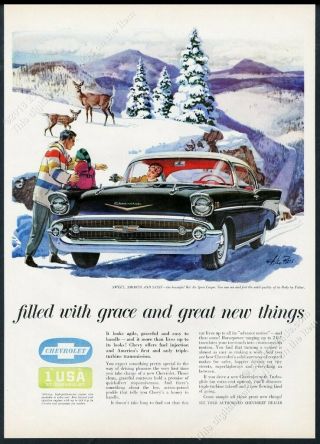1957 Chevrolet Bel Air Coupe Black Car Winter Art Chevy Vintage Print Ad