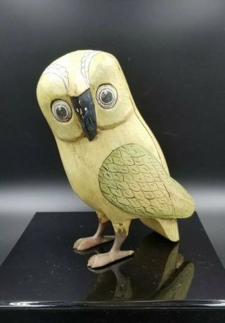 9 " Wood Carved Folk Art Owl With Brass Feet Wonderful Aged Patina 19