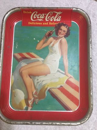 Vintage 1939 Springboard Girl Coca - Cola Tray Tin Coke Metal Bathing Old