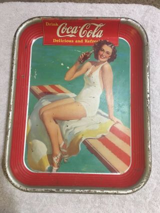 Vintage 1939 Springboard Girl Coca - Cola Tray Tin Coke Metal Bathing Old 2