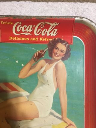 Vintage 1939 Springboard Girl Coca - Cola Tray Tin Coke Metal Bathing Old 3