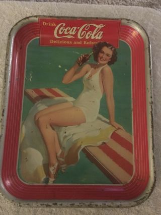 Vintage 1939 Springboard Girl Coca - Cola Tray Tin Coke Metal Bathing Old 7