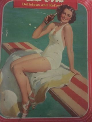 Vintage 1939 Springboard Girl Coca - Cola Tray Tin Coke Metal Bathing Old 8
