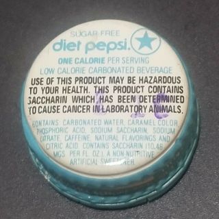 Vintage Diet Pepsi Bottle Cap Light Blue With Saccherin Warning Label 1980s