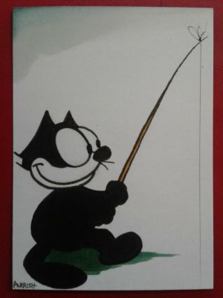 Felix The Cat Fishing Ink Art Card Drawing Black Parrish Pole Aceo