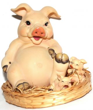 Playful Cute Momma & Baby Pigs Piglets In Woven Basket Plastic? Resin?