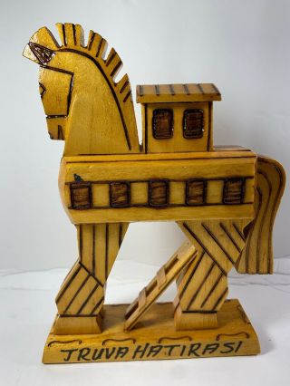Wooden Hand Carved Trojan Horse Home Decor Made Wood Souvenir Greece Vtg