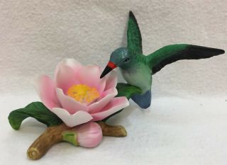 Hummingbird Figurine Flower Drinking Nectar Porcelain 3 " Figure Blue Green
