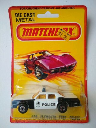 Vintage Matchbox Die Cast Metal 1979 1980 Police Car Plymouth Fury Nos