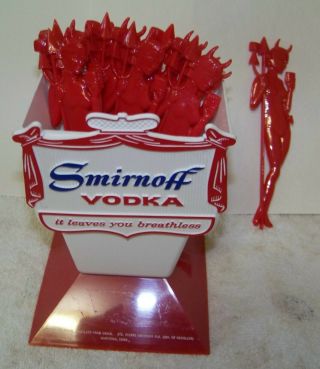 Smirnoff Vodka Swizzle Stir Stick Holder,  10 Red Devil Adult Themed Stir Sticks