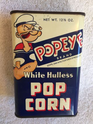 “1949” Popeye White Hulless Pop Corn Tin Purity Mills Inc 12 1/2 Oz Nr