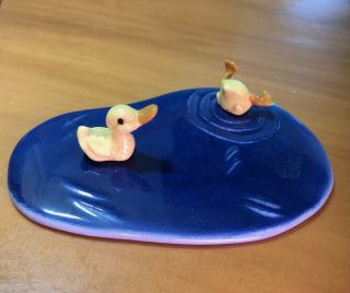 Vintage Miniature Hagen - Renaker Porcelain Yellow Ducks On Blue Pond (3 Pc)