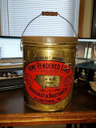 Arbogast & Bastian Lithographed Home Rendered Lard Tin Advertising Bucket - A&b