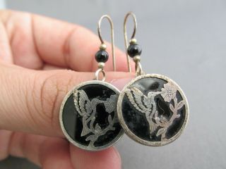 Vintage Sterling Round Onyx Hummingbird Pierced Dangle Earrings