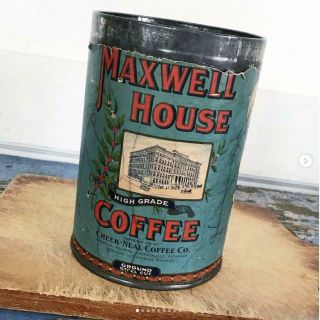Antique Vintage Coffee Tin Maxwell House Paper Label Aqua Red Embossed Lid