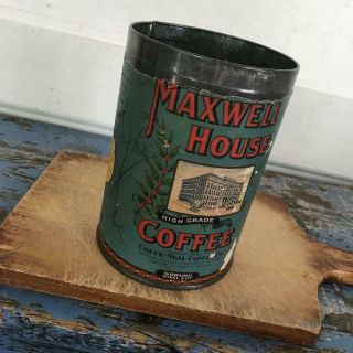 Antique Vintage Coffee Tin Maxwell House Paper Label Aqua Red Embossed Lid 6