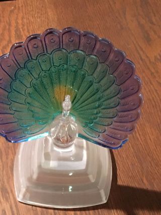 Elegant Glass Peacock Figurine / Statue / Frosted Glass Base / Lovely