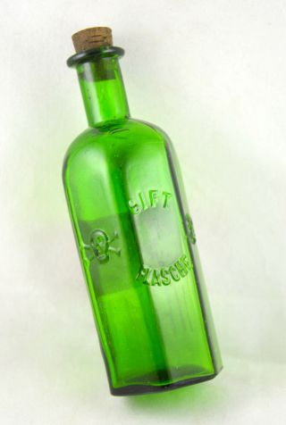 Antique German Poison Bottle Green Glass With Death Head Skull Crossbones Rare