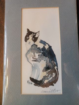Art Watercolor Painting Of A Seated Cat Signed Matted 1988