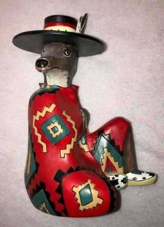Decorative Coyote Statue With Red Southwestern Blanket Poncho And Hat Figurine