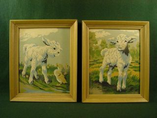 Pair Vintage Mid Century Pbn Little Lambs 8x10 Oak Frames Paint By Number