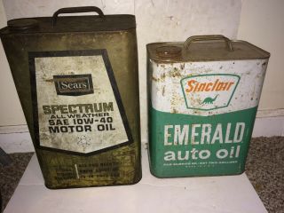 2 Vintage 50s/60s Metal Motor Oil Cans,  Sinclair Emerald 2 Gal,  Sears Spectrum 2.  5