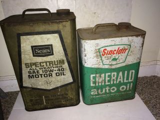 2 Vintage 50s/60s Metal Motor Oil Cans,  Sinclair Emerald 2 Gal,  Sears Spectrum 2.  5 3
