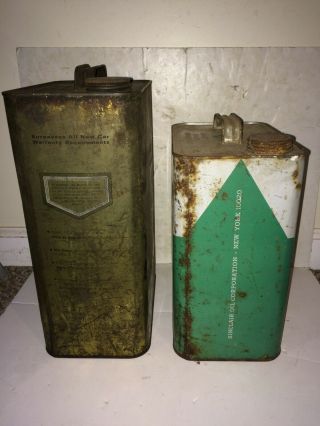2 Vintage 50s/60s Metal Motor Oil Cans,  Sinclair Emerald 2 Gal,  Sears Spectrum 2.  5 4