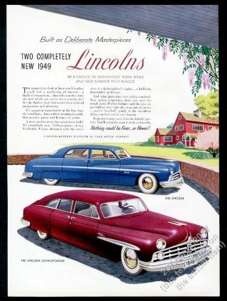 1949 Lincoln Sedan Blue Car And Red Cosmopolitan Illustrated Vintage Print Ad