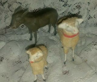 2 Very Old Vintage Wooden Wood Leg Fleece Sheep 1 Donkey Possibly Antique
