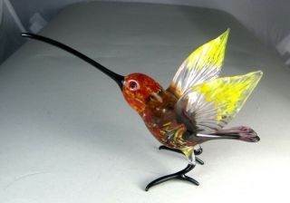 Blown Glass Animal Hummingbird Yellow Wings Long Beak Murano Figurine Art