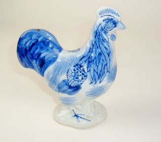 Vintage Blue White Porcelain Rooster Chicken Figurine Country Farm Decor 7 "