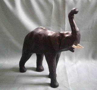 Vtg Hand Crafted Elephant Figure Tusks,  Leather Paper Mache 14 " Tall - Black.