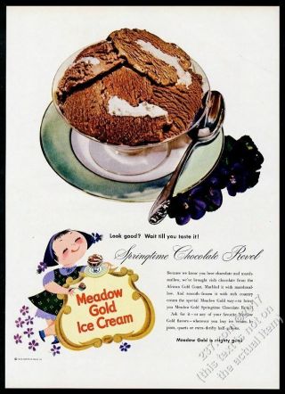 1953 Mary Blair Smiling Girl Art Meadow Gold Chocolate Ice Cream Print Ad