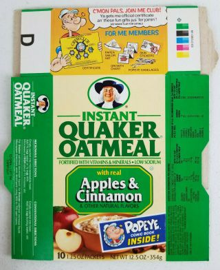 Instant Quaker Oatmeal Cereal 1989 Box - Popeye - Empty Flattened