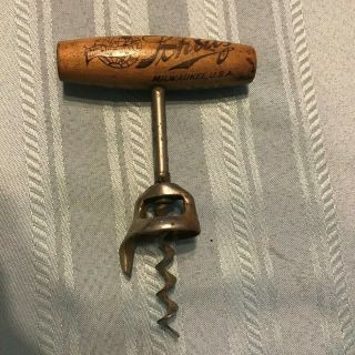 Vintage Wooden Corkscrew and Bottle Opener - Wooden Handle Schlitz 5