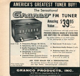 1956 Print Ad Of The Sensational Granco Fm Tuner Radio Model T160