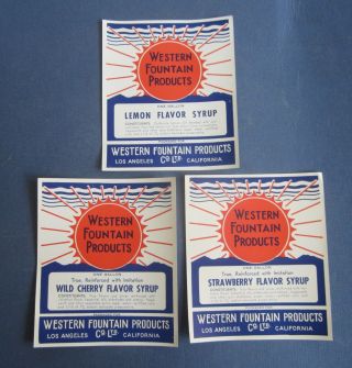 3 Old Vintage 1947 Western Fountain Products Soda Syrup Labels - Los Angeles Ca.