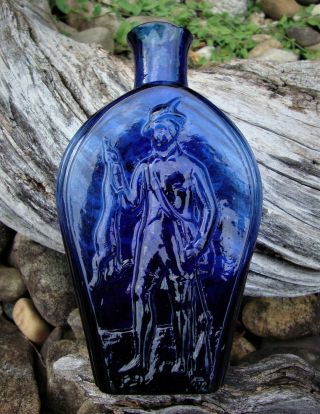 Rich Two Tone Cobalt Blue Pontiled Continental Hunter & Wreath Pictorial Flask