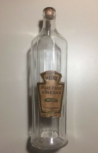 Antique Heinz 12” One Quart Pure Cider Vinegar Bottle W/labels 1892 - 1904