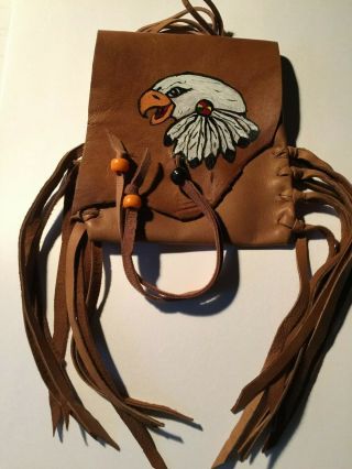 Eagle Hand Painted Lambskin Medicine Bag W/ Horse On Back Of Bag.