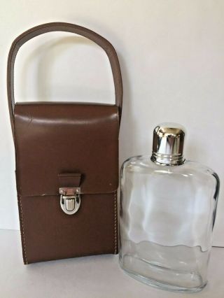 Vintage Rare Herz Germany Glass Liquor Flask Metal Cap Leather Case