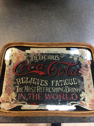 Vintage Antique Coca Cola Advertising Mirror Tray - Wood Backed Bamboo Handles