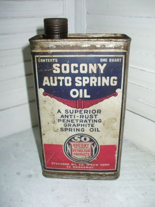 Vintage Socony Auto Spring Oil Can With Oil
