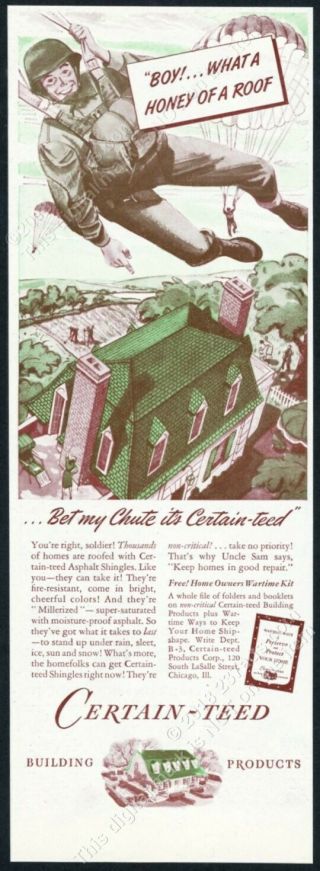 1943 Certain Teed Certainteed Shingles Us Army Airborne Soldier Vintage Print Ad