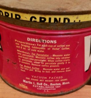 Vintage Victor Coffee 1lb keywind Tin Can Martin Hall Co Boston Drip Grind 3